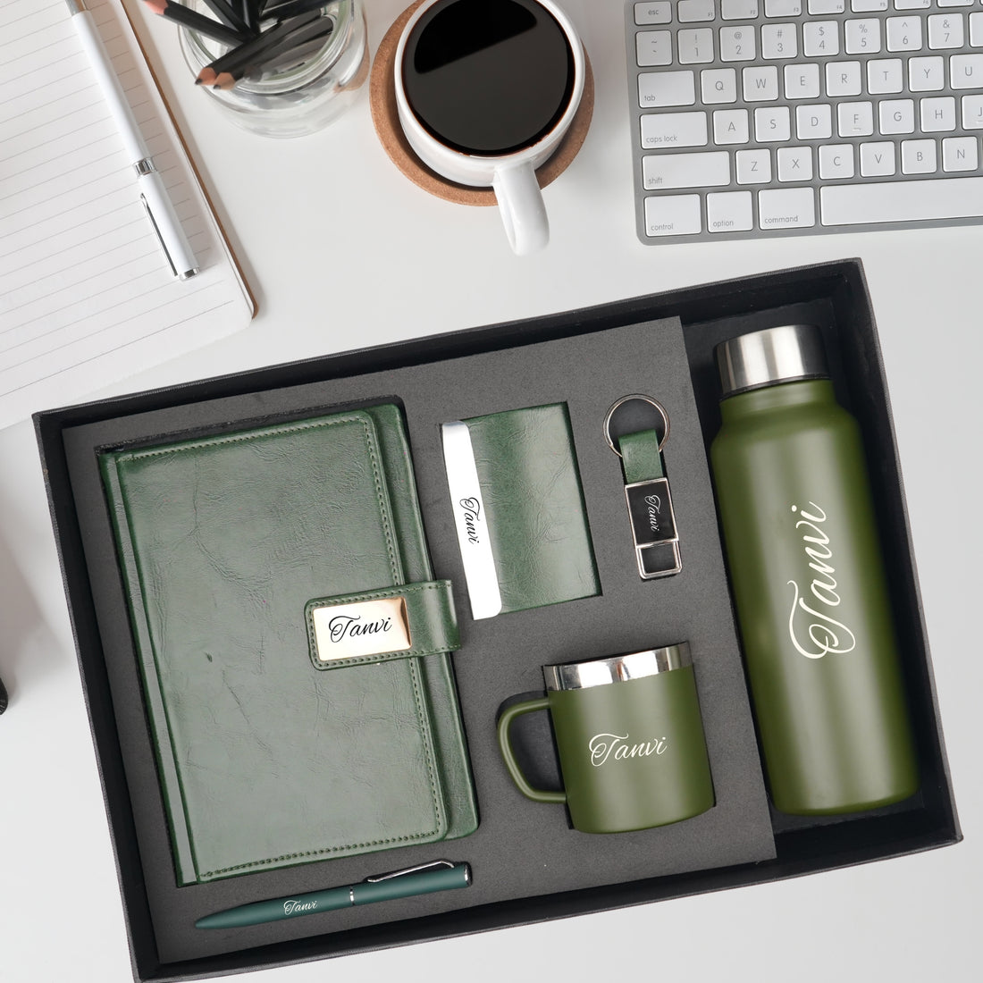 Classy Executive Diary + Classic Metal Pen + Classy Leather Metal Keychain + Classy Card Holder + Classic Smart Bottle  + Stainless Steel Mug - Green