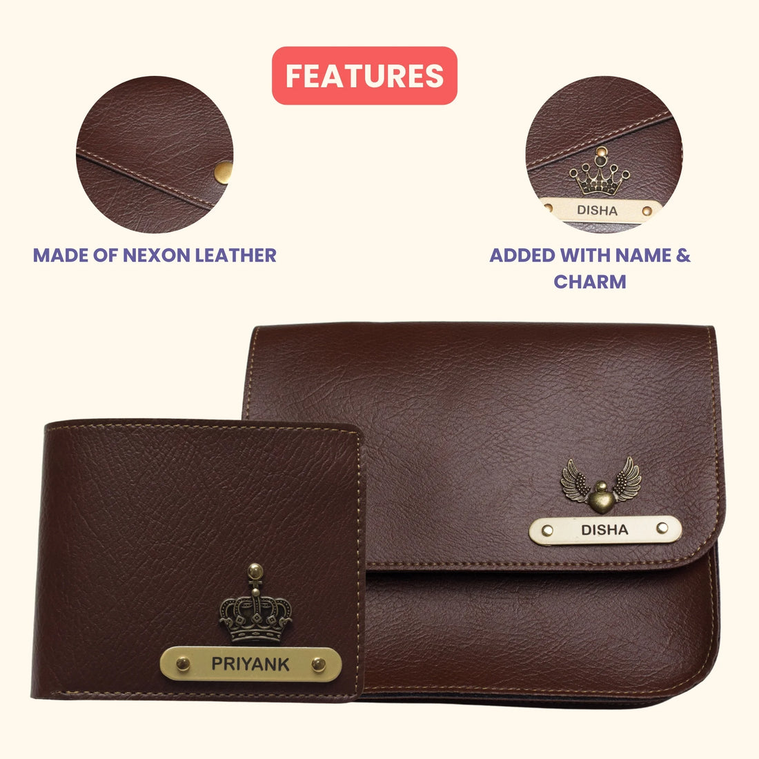 Nexon Leather Personalized Couple's Combo : Chained Sling Bag & Men's Wallet - Brown